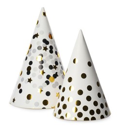 Photo of Party hats on white background. Festive items