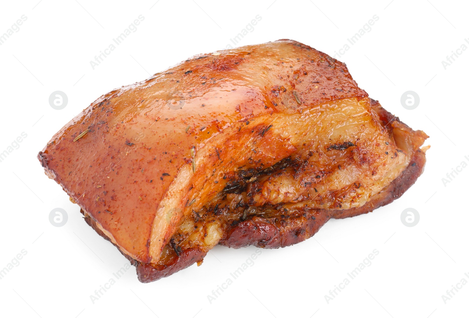 Photo of Piece of tasty baked pork belly isolated on white