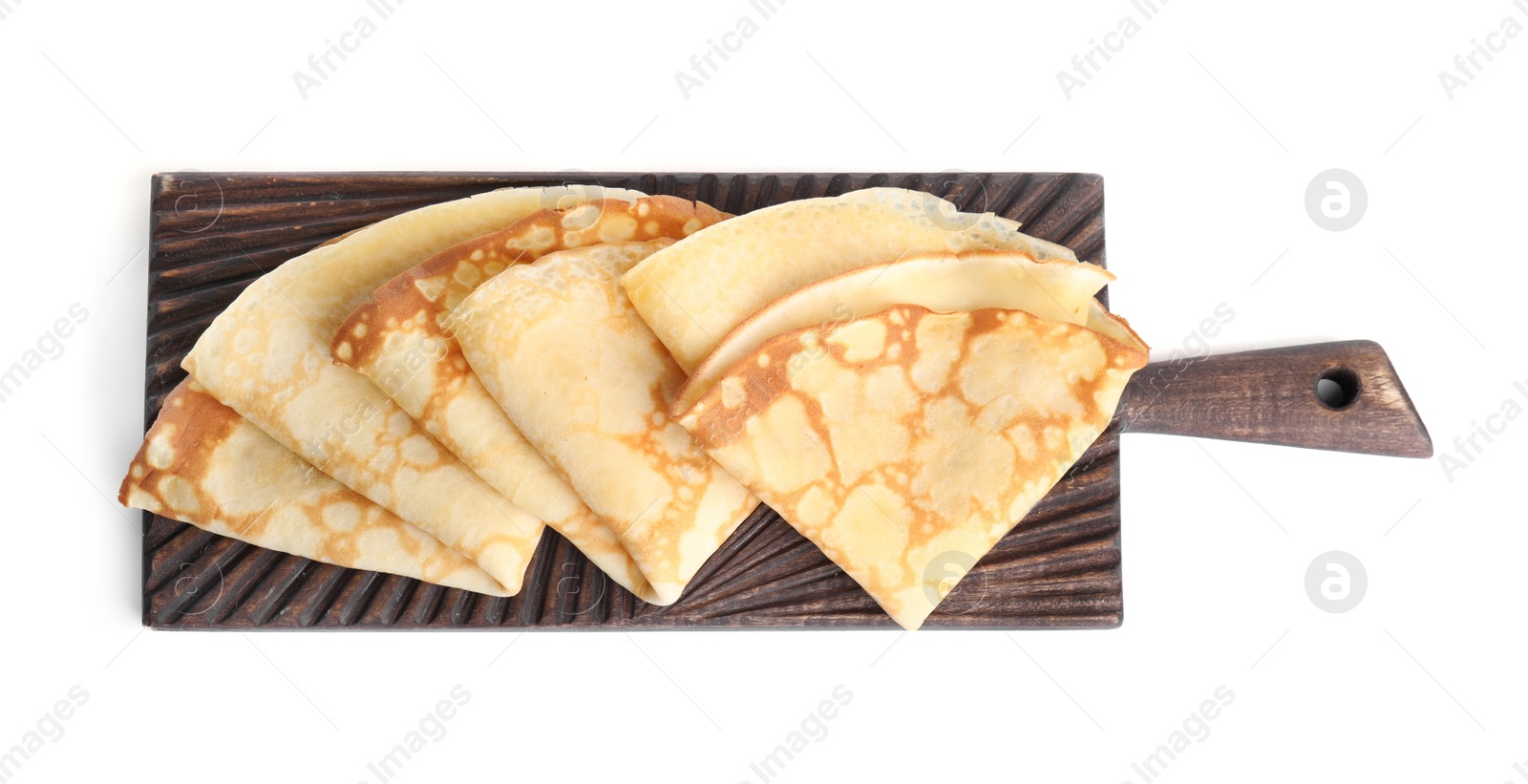 Photo of Folded fresh thin pancakes isolated on white, top view