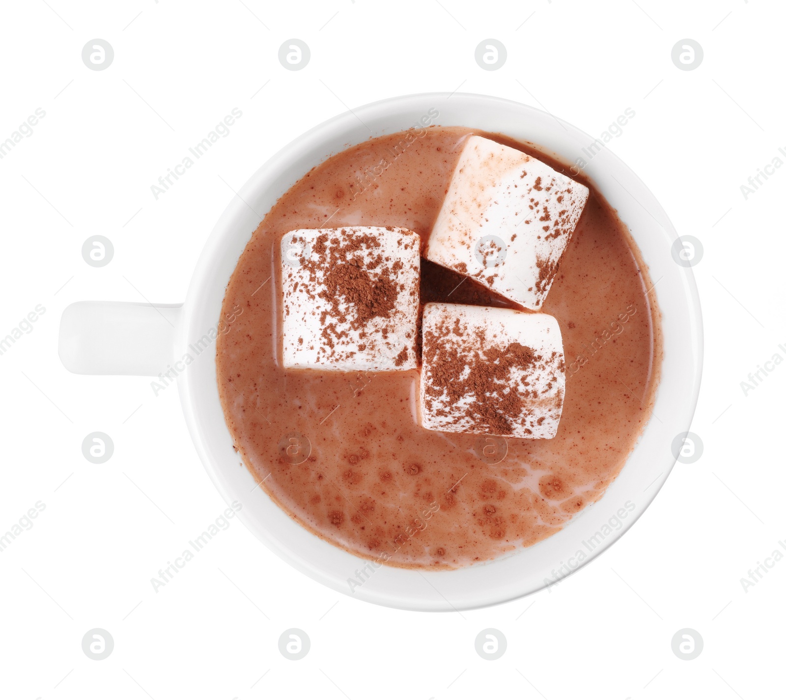 Photo of Cup of aromatic hot chocolate with marshmallows and cocoa powder isolated on white, top view