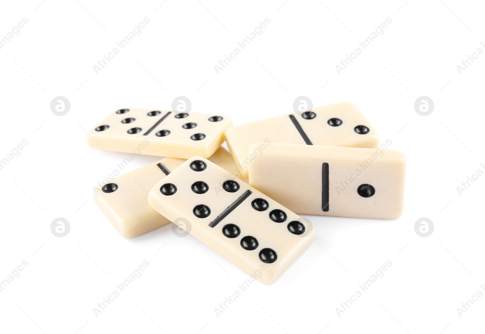 Photo of Many classic domino tiles on white background