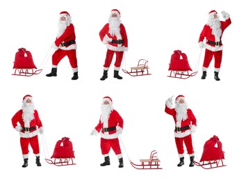 Image of Santa Claus on white background, set of photos. Christmas celebration