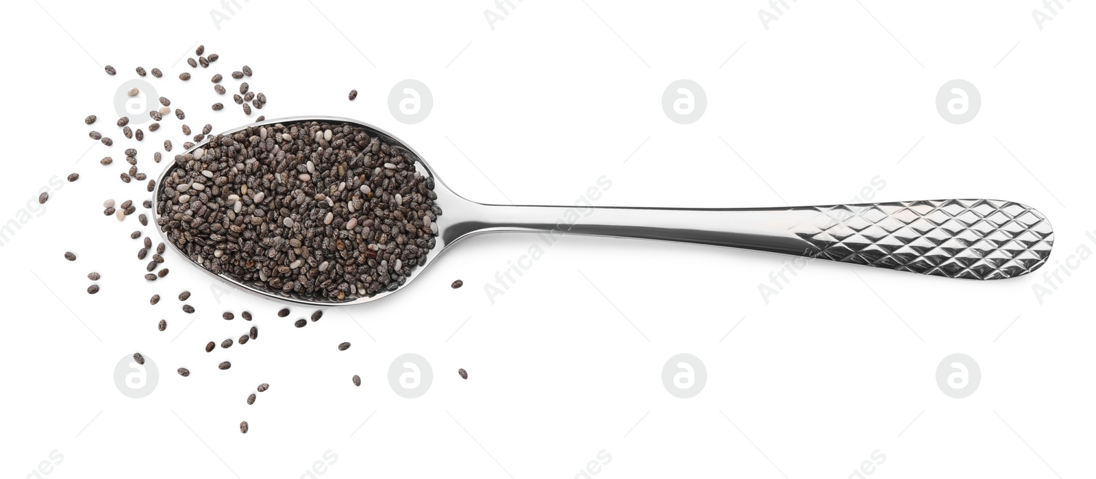 Photo of Spoon with chia seeds on white background, top view