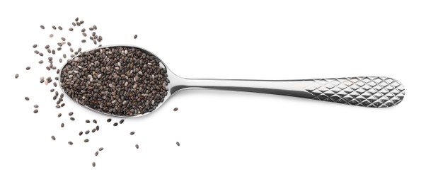 Spoon with chia seeds on white background, top view