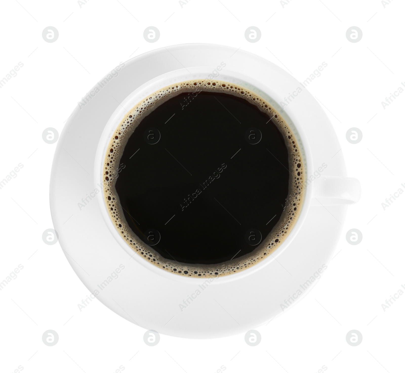 Photo of Cup of tasty coffee isolated on white, top view