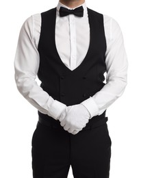 Photo of Butler in elegant uniform on white background, closeup