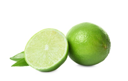 Photo of Fresh ripe green limes on white background