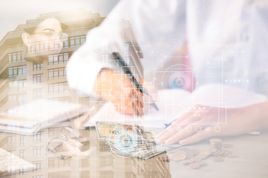 Image of Woman with money at table and modern building, closeup. Multiple exposure 