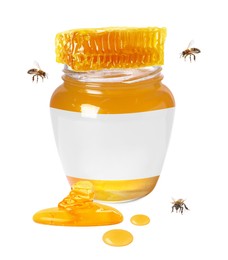 Image of Sweet honey in glass jar with blank label, piece of honeycomb and flying bees around product on white background. Mockup for design