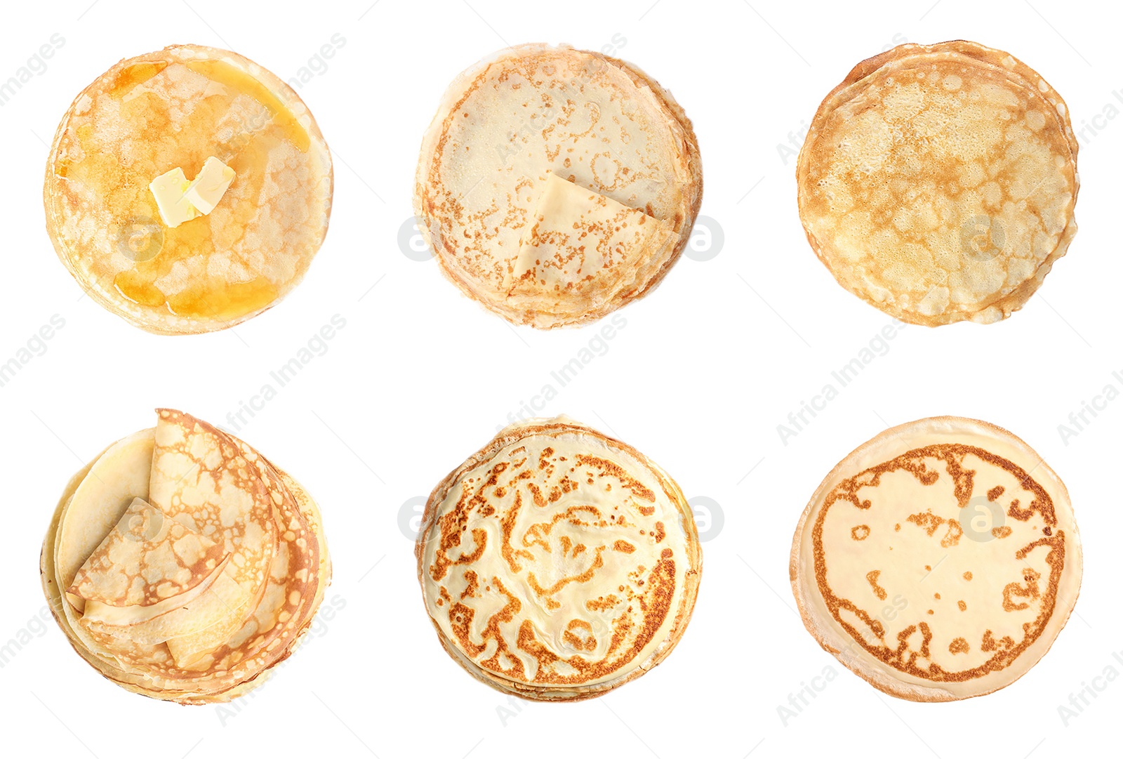 Image of Set of tasty thin pancakes on white background, top view