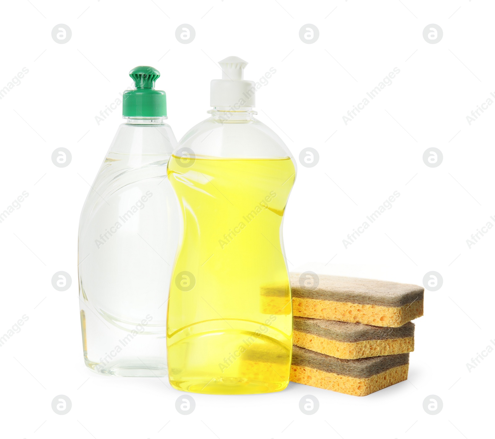 Photo of Cleaning supplies and sponges for dish washing on white background