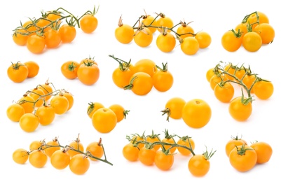 Image of Set of ripe yellow tomatoes on white background