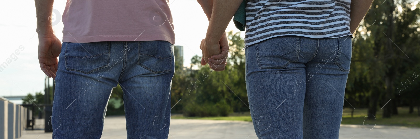 Image of Gay couple walking outdoors on sunny day, back view. Banner design