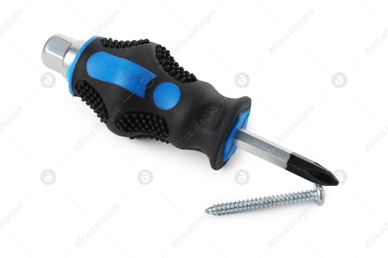 Photo of Screwdriver with black handle and screw isolated on white, top view