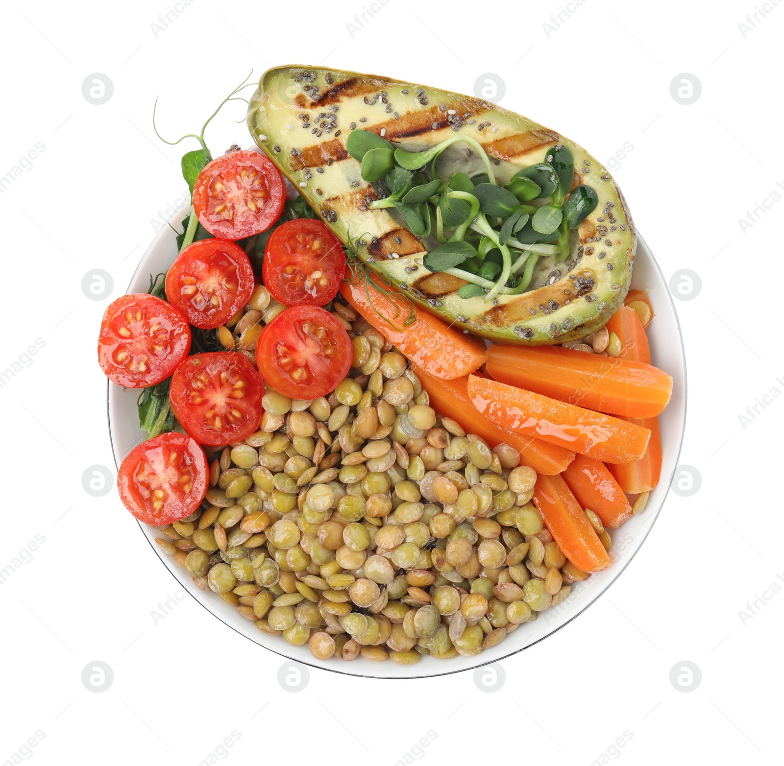 Photo of Delicious lentil bowl with avocado, tomatoes and carrots on white background, top view