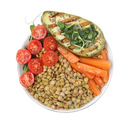 Delicious lentil bowl with avocado, tomatoes and carrots on white background, top view