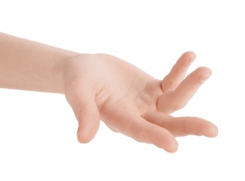 Woman holding hand on white background, closeup