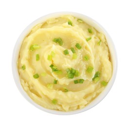 Photo of Bowl of tasty mashed potato with green onion isolated on white, top view