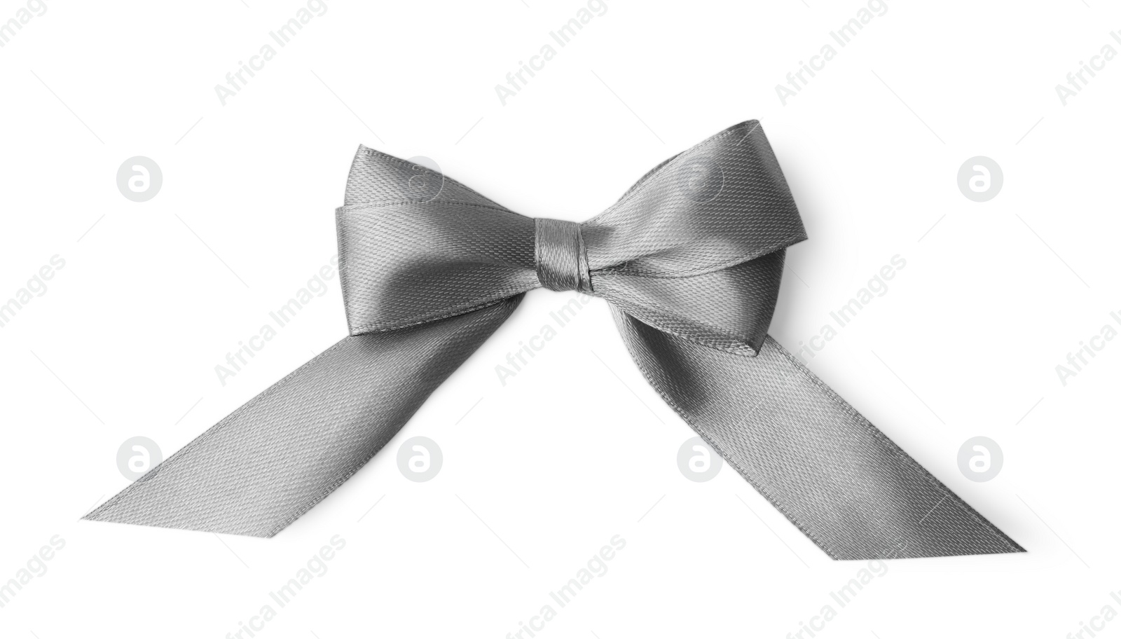 Photo of Grey satin ribbon bow on white background, top view