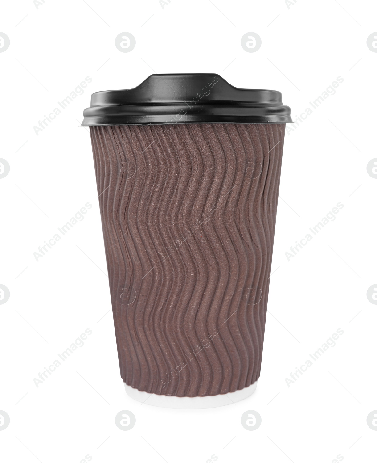 Photo of Brown paper cup with plastic lid isolated on white. Coffee to go
