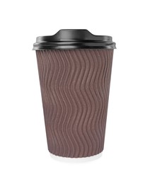 Brown paper cup with plastic lid isolated on white. Coffee to go