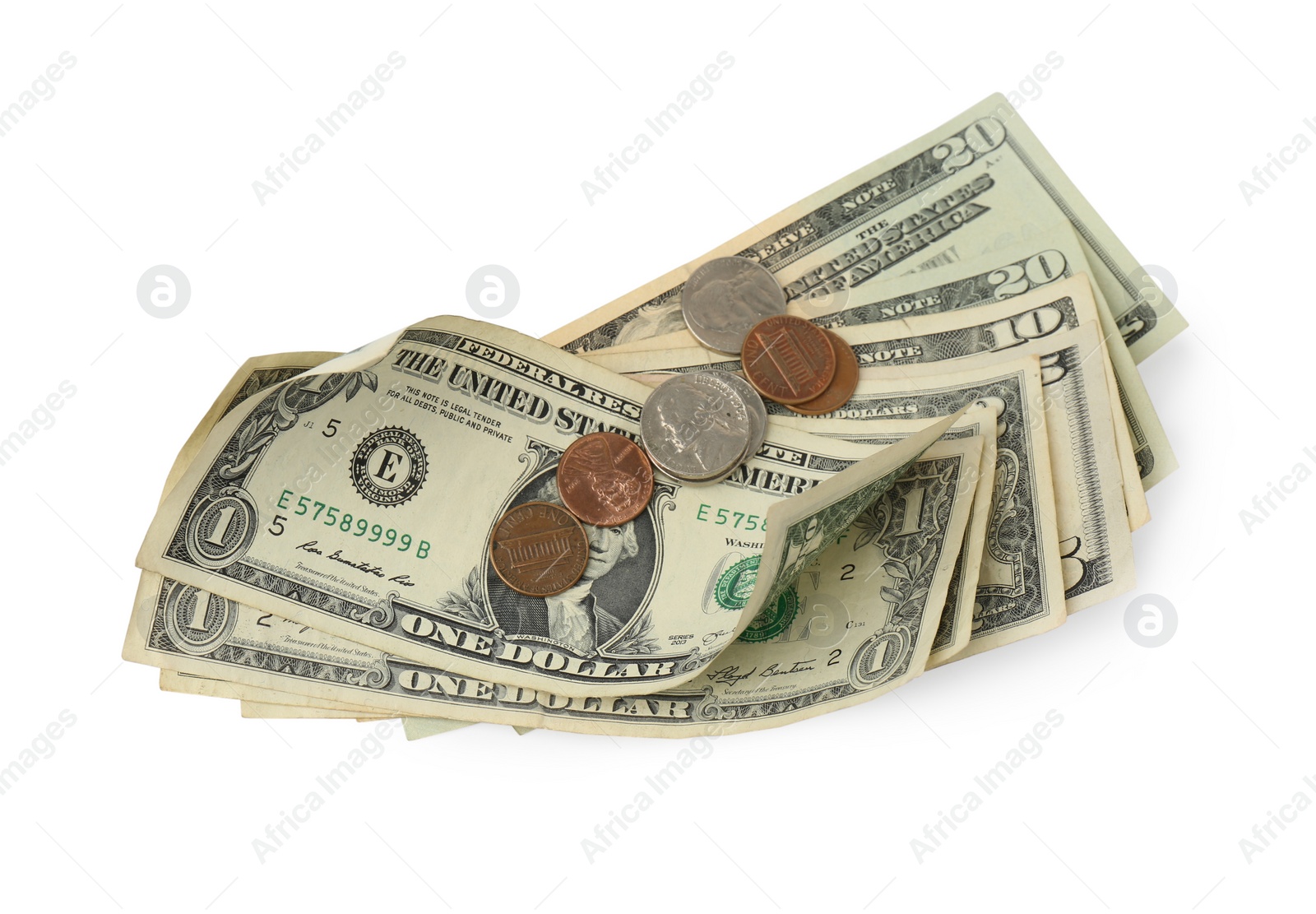 Photo of Dollar banknotes and coins on white background, top view