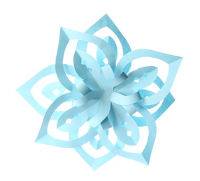 Photo of Beautiful light blue paper snowflake isolated on white
