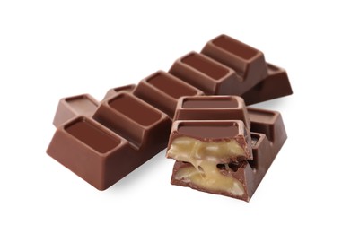 Photo of Delicious sweet chocolate bars on white background