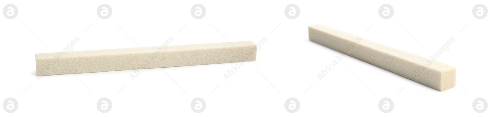 Image of Sharpening stones for knife on white background, collage. Banner design 