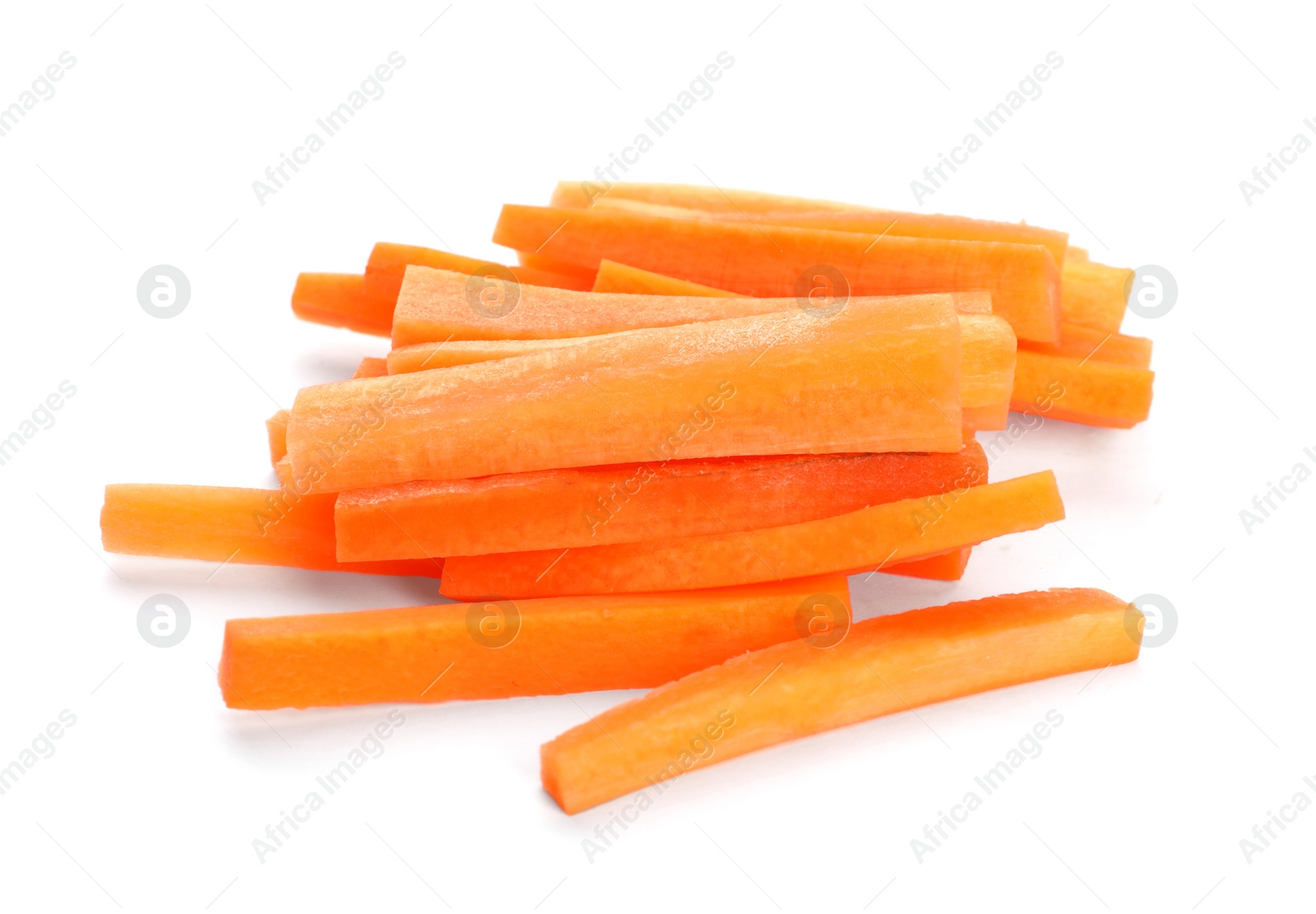 Photo of Pile of fresh carrot sticks isolated on white