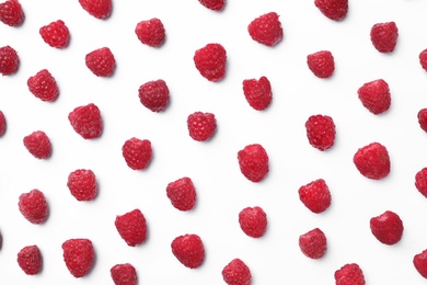 Photo of Delicious ripe raspberries on white background, top view