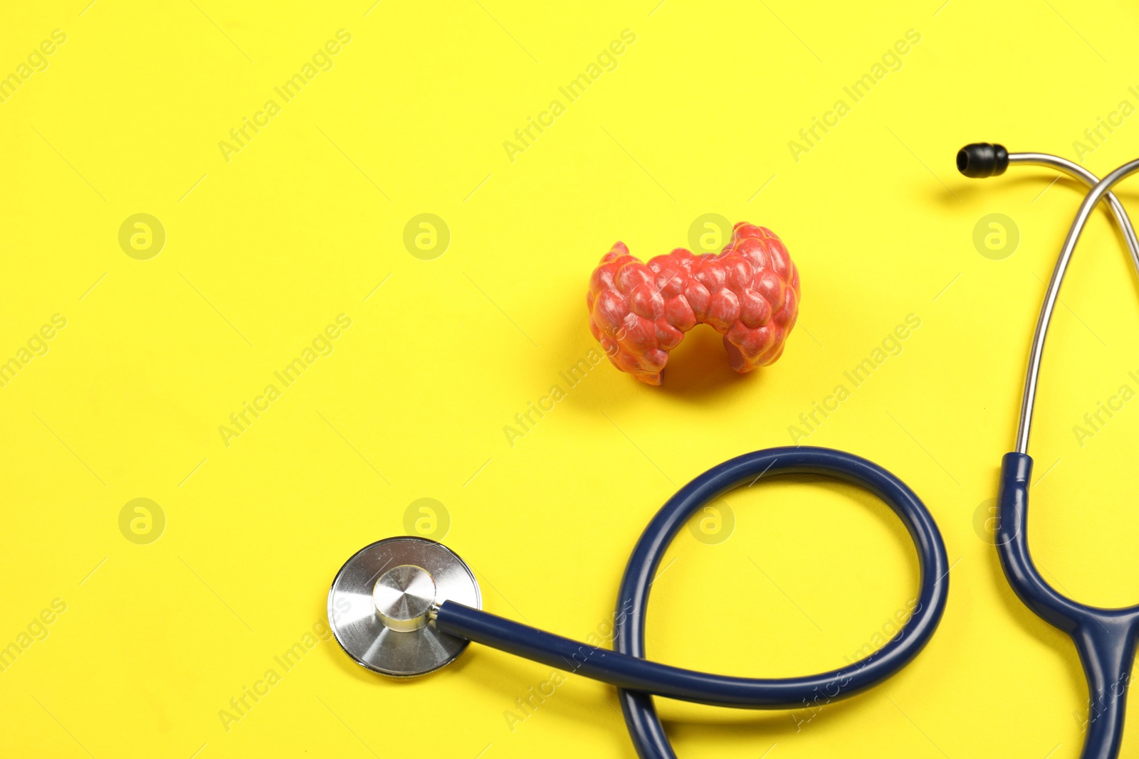 Photo of Endocrinology. Stethoscope and model of thyroid gland on yellow background, above view. Space for text