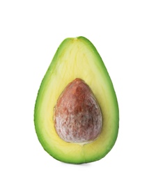 Photo of Half of ripe avocado with pit on white background