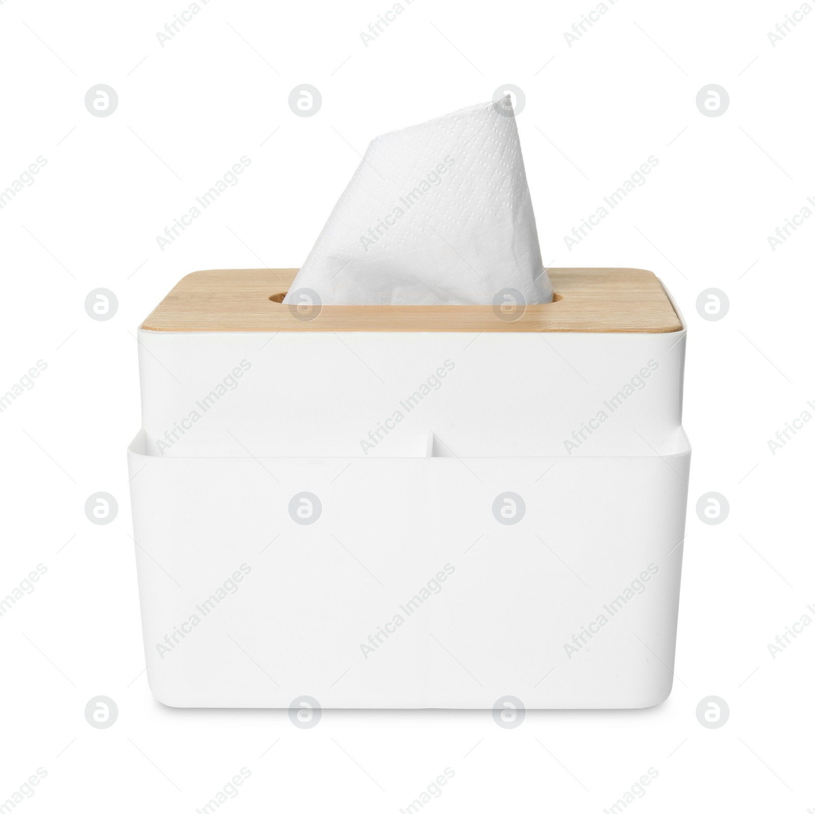 Photo of Holder with paper tissues isolated on white