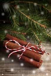 Image of Cinnamon sticks and fir tree branches on wooden table, closeup