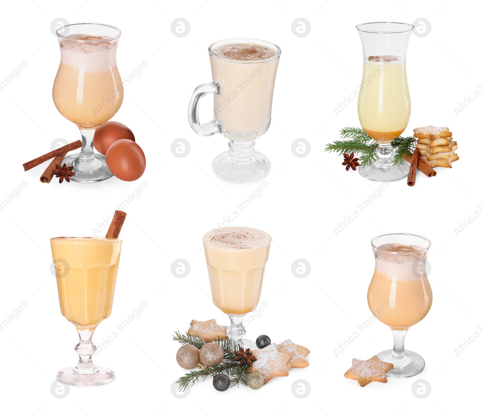 Image of Delicious eggnog in glasses isolated on white, set