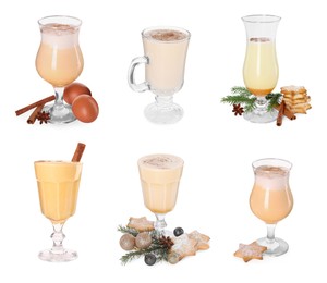 Delicious eggnog in glasses isolated on white, set