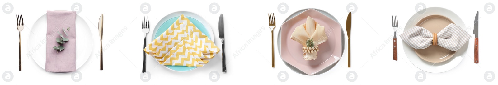 Image of Set with examples of different beautiful table settings on white background, top view. Banner design