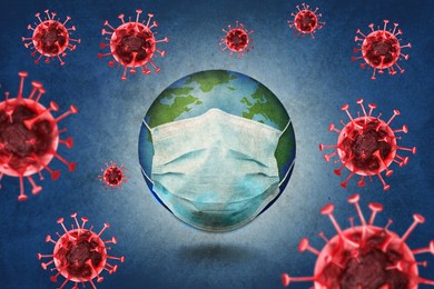 Illustration of Earth with medical mask on blue background. Coronavirus outbreak