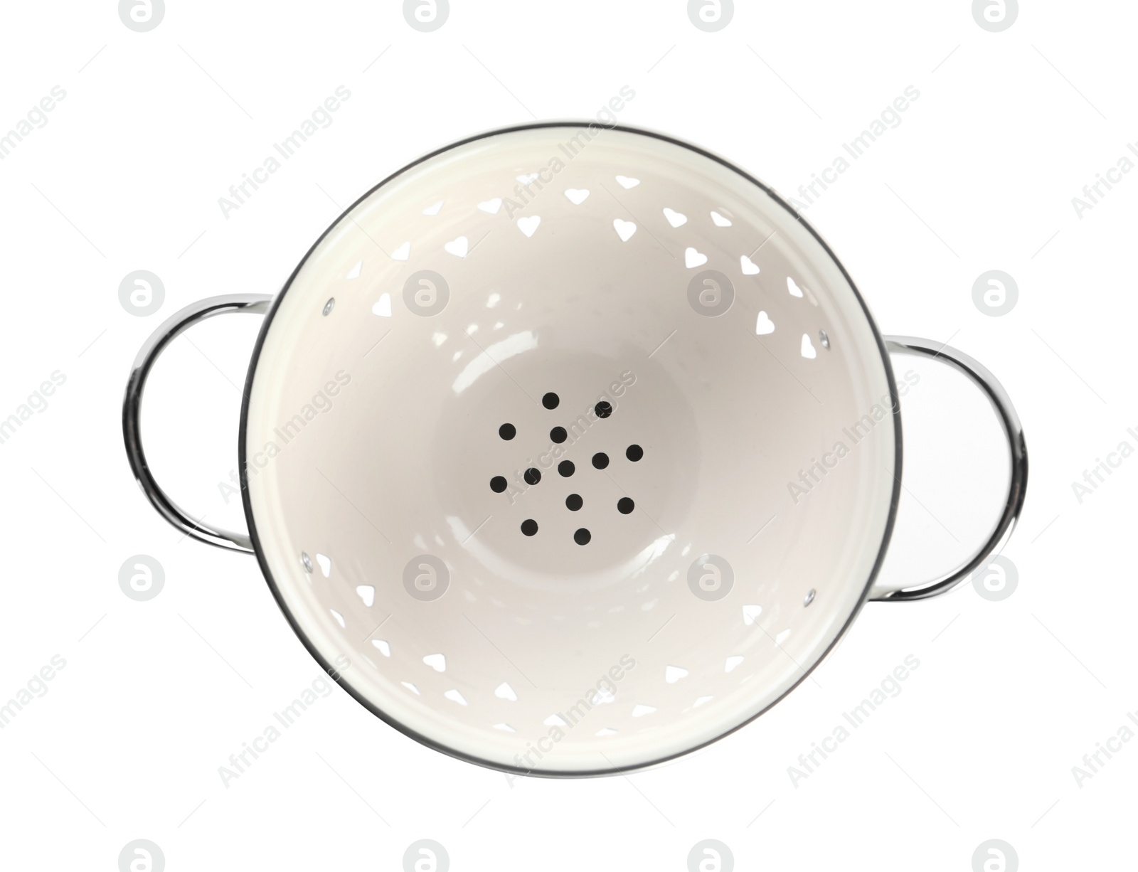 Photo of New colander isolated on white, top view. Cooking utensil