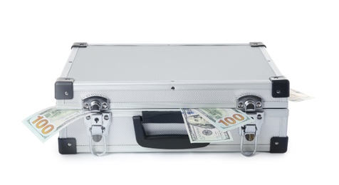 Photo of Hard case full of money on white background