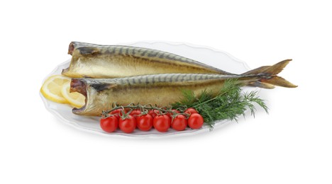 Delicious smoked mackerels and products on white background