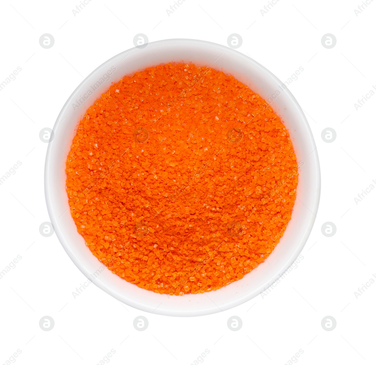 Photo of Bowl with orange food coloring isolated on white, top view