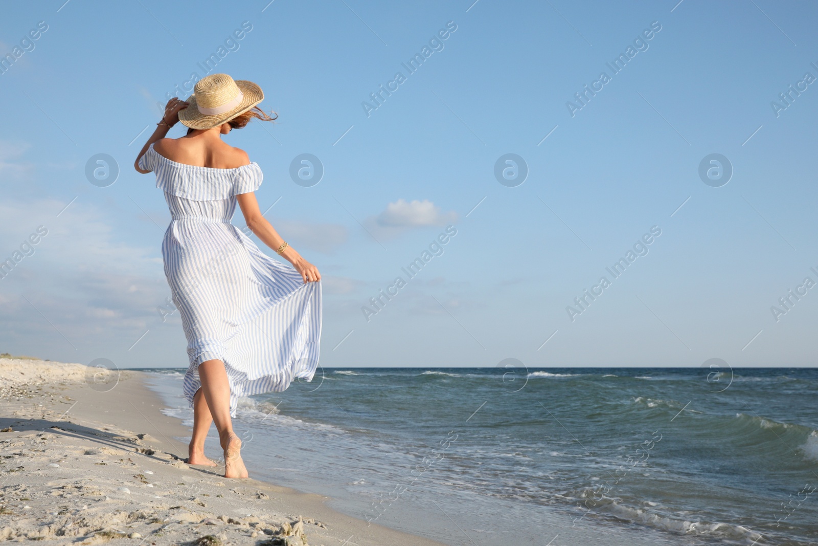 Photo of Woman in dress with straw hat walking by sea on sunny day, back view