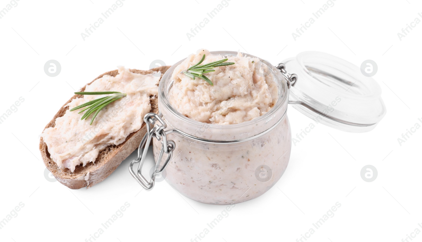 Photo of Delicious lard spread and sandwich on white background