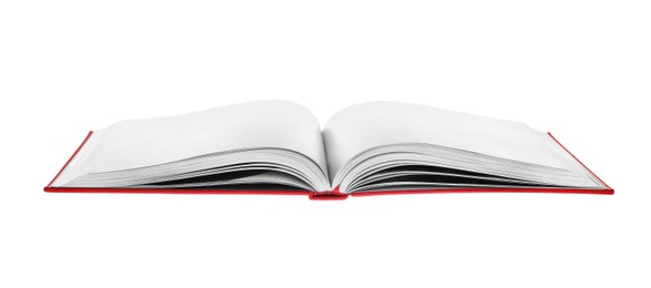 Photo of Open book with red cover on white background