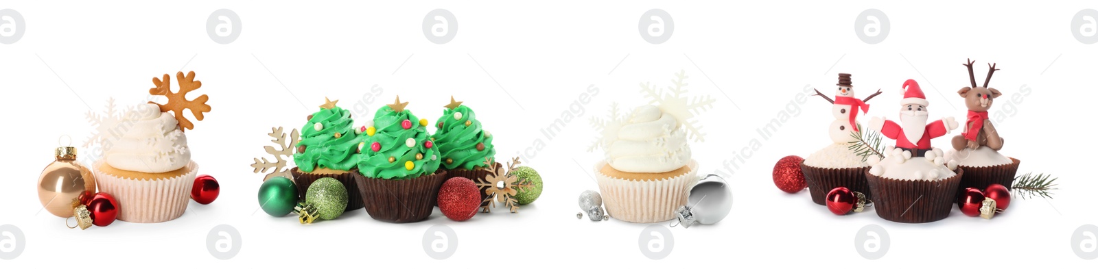 Image of Tasty cupcakes with Christmas decor on white background, collage. Banner design