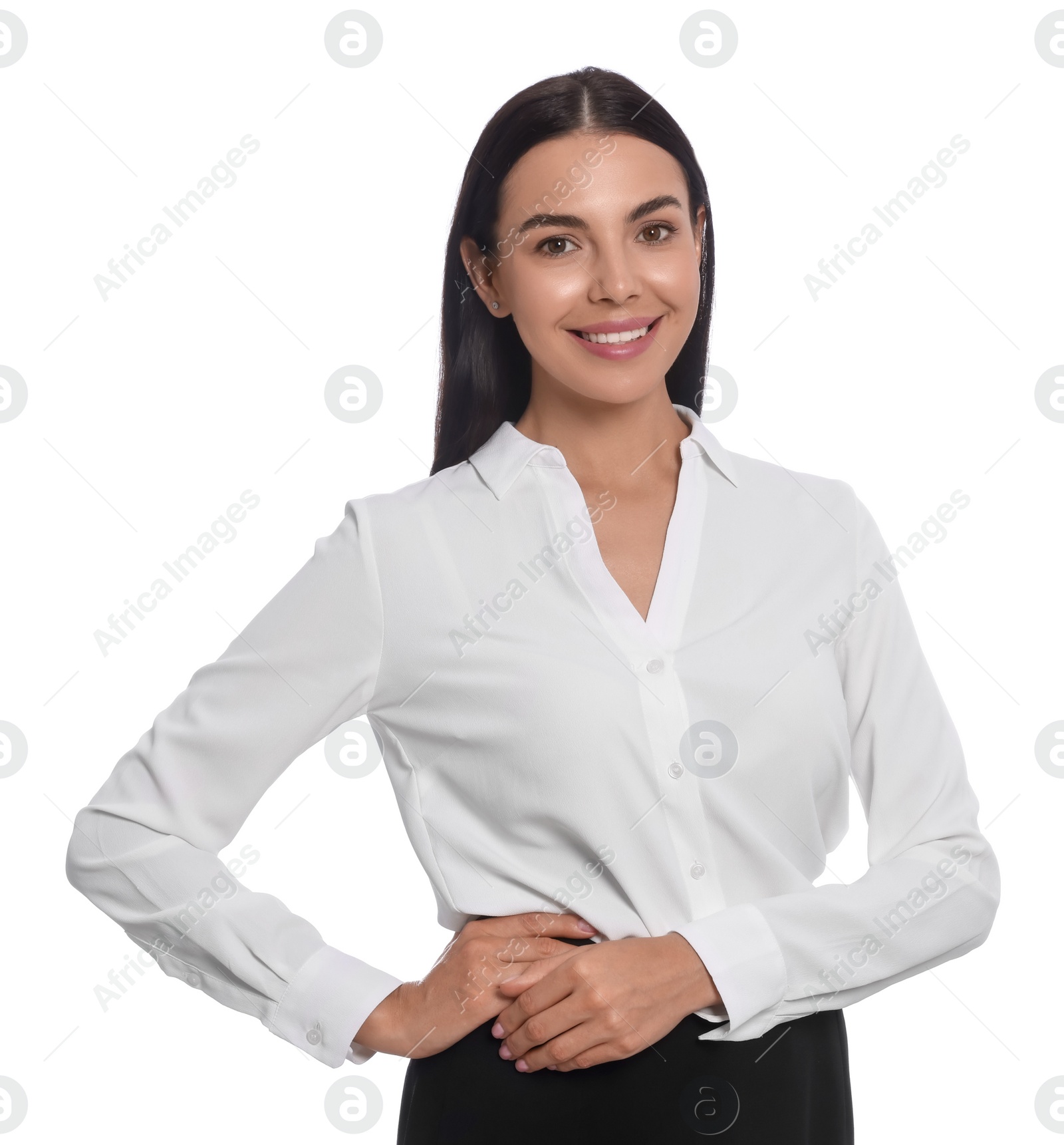 Photo of Portrait of hostess in uniform on white background