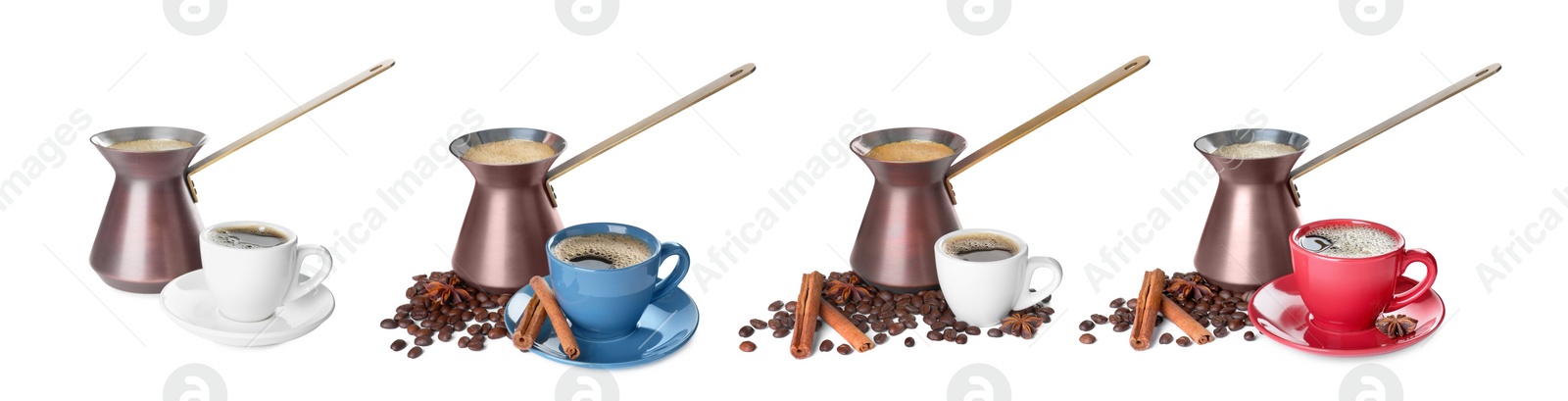 Image of Set with turkish coffee pots (cezve) with hot coffee and beans on white background. Banner design