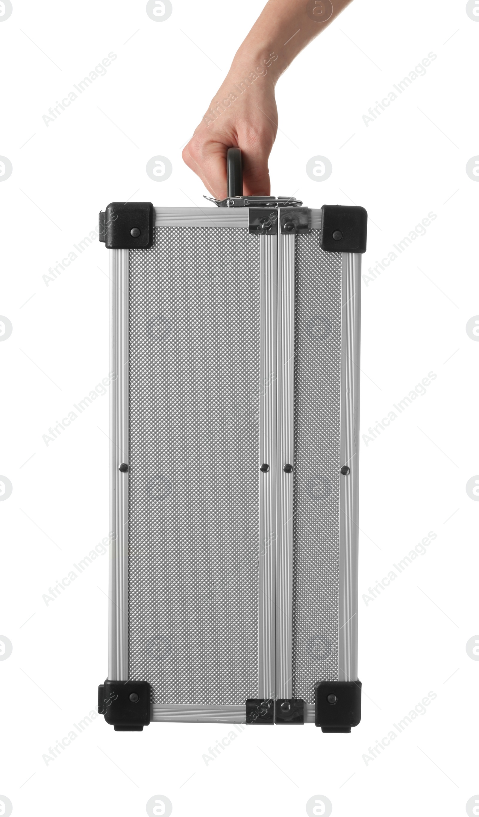 Photo of Man holding hard case isolated on white, closeup